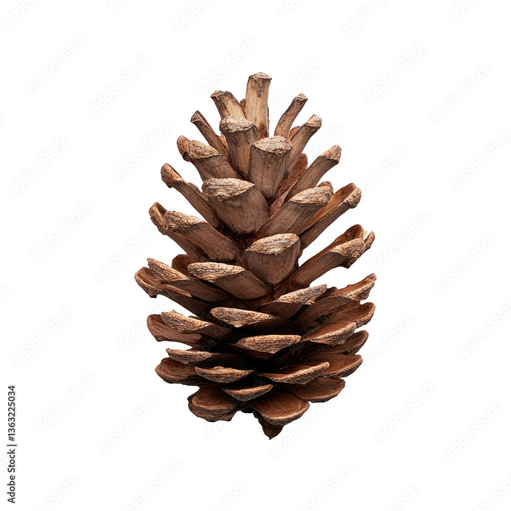 Close-up of a single pine cone. Natural, dried, and woody texture. Conical shape, with numerous overlapping scales Close-up of a single pine cone. Natural, dried, and woody texture. Conical shape, with numerous overlapping scales