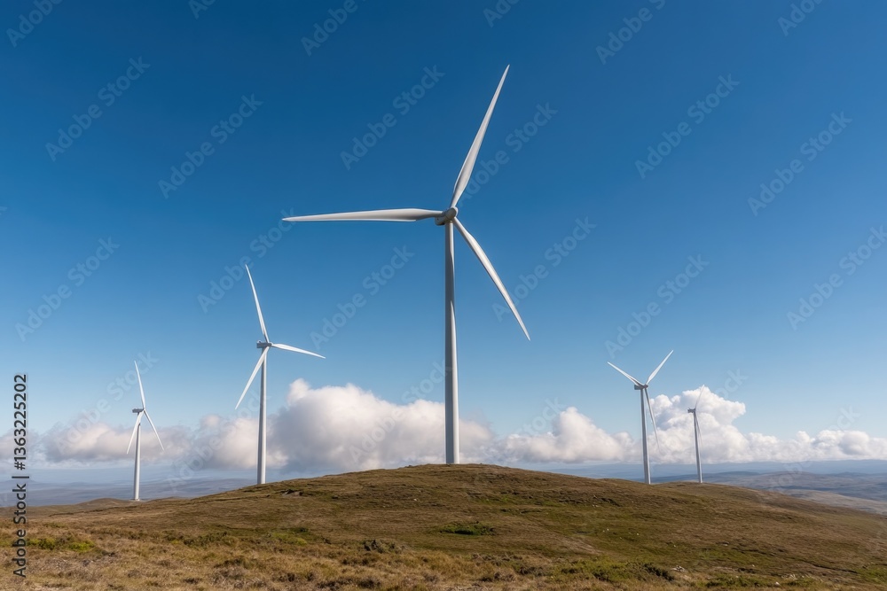 row of wind turbines on hill against clear blue sky rotating gently with ample copy space below for text turbines stand row of wind turbines on hill against clear blue sky rotating gently with ample copy space below for text turbines stand