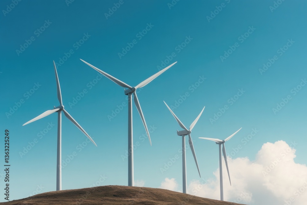 row of wind turbines on hill against clear blue sky rotating gently with ample copy space below for text turbines stand row of wind turbines on hill against clear blue sky rotating gently with ample copy space below for text turbines stand