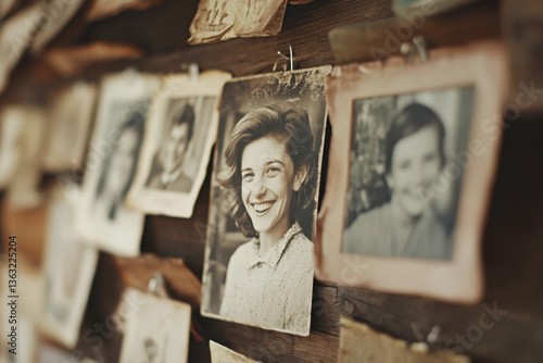 Old family photos hanging on wooden wall showing smiling woman, man and child