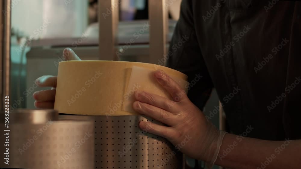 Cheesemaker putting cheese into pressing container Cheesemaker putting cheese into pressing container