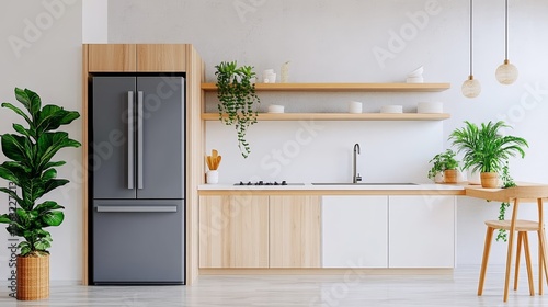 Minimalist Kitchen Gray Fridge, Wood Cabinets, Greenery