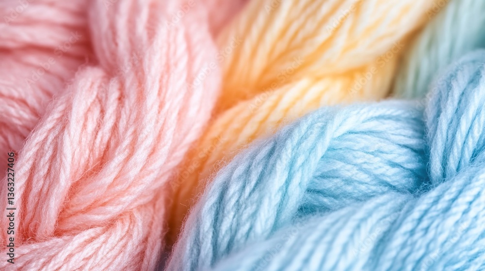 Soft pastel-colored yarns in pink, yellow, blue, tightly wound, ready for knitting, emphasizing texture and color harmony, close-up detail. Soft pastel-colored yarns in pink, yellow, blue, tightly wound, ready for knitting, emphasizing texture and color harmony, close-up detail.
