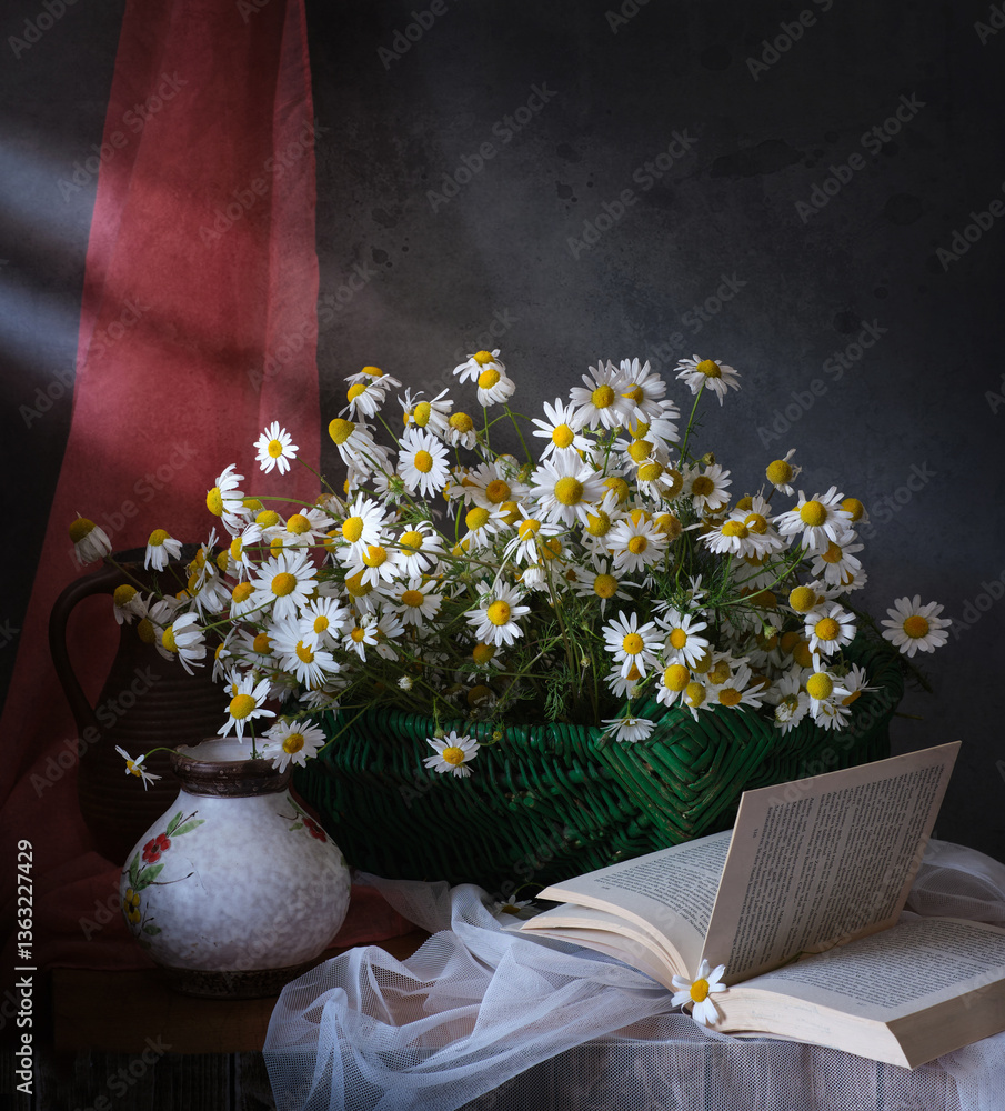A Charming Floral Still Life Artwork Featuring Beautiful Daisies and a Ripe Apple