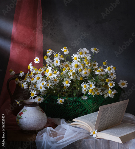 Obraz na płótnie A Charming Floral Still Life Artwork Featuring Beautiful Daisies and a Ripe Apple w salonie
