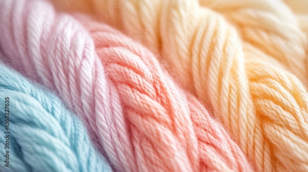 Soft pastel-colored yarns in pink, yellow, blue, tightly wound, ready for knitting, emphasizing texture and color harmony, close-up detail. Soft pastel-colored yarns in pink, yellow, blue, tightly wound, ready for knitting, emphasizing texture and color harmony, close-up detail.