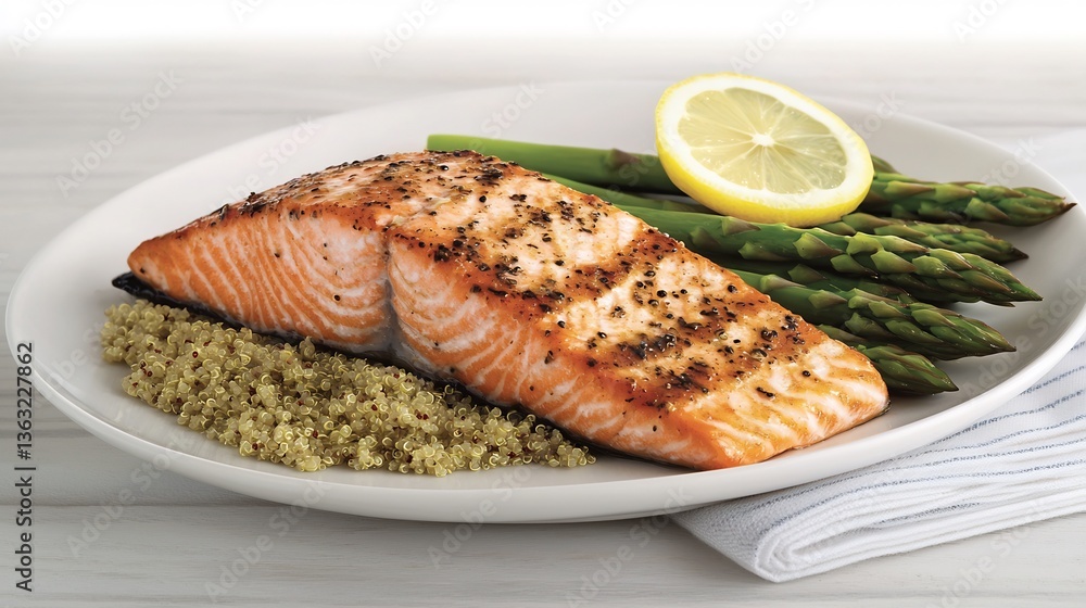 Omega 3 rich salmon fillet served quinoa asparagus and a slice of lemon Omega 3 rich salmon fillet served quinoa asparagus and a slice of lemon