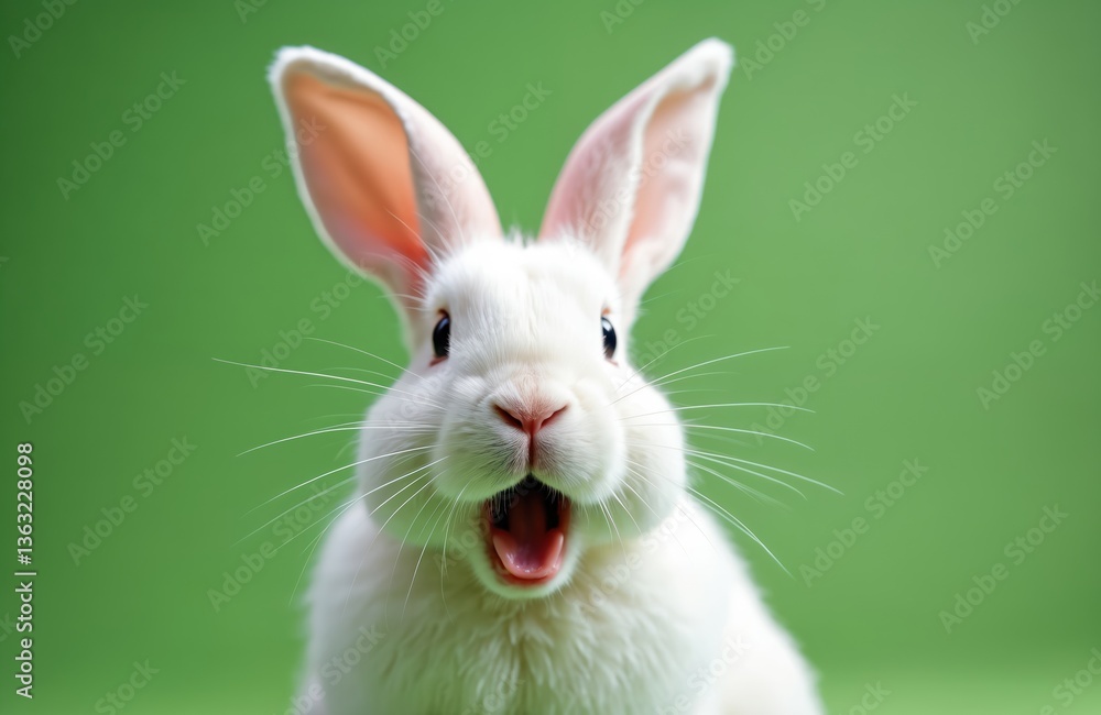 Obraz premium Portrait white rabbit with open mouth surprised expression. Funny animal on green background. Cute pet with shocked face. Domestic bunny with open eyes and long ears.