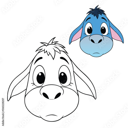 Eeyore's face shows a constant look of sadness and gloom, with droopy eyes, a downturned mouth, and a quiet, resigned expression that tugs at the heart.
