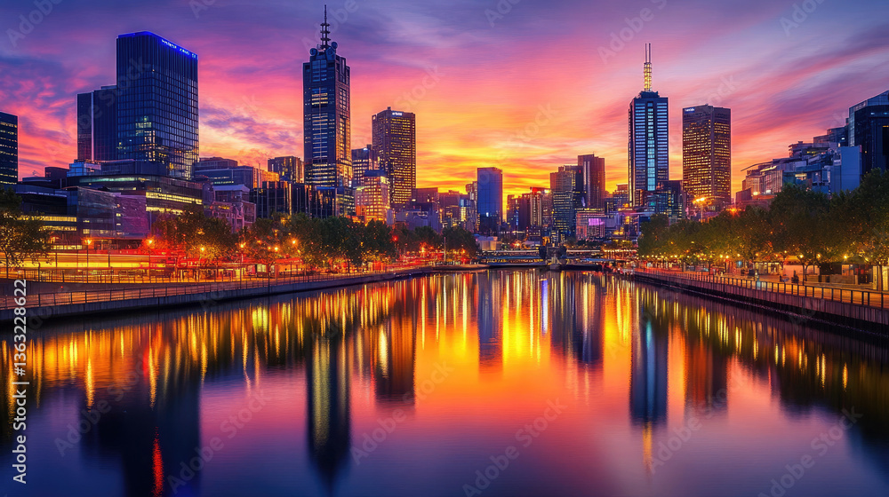 Fototapeta premium A Vibrant Cityscape Glowing at Sunset