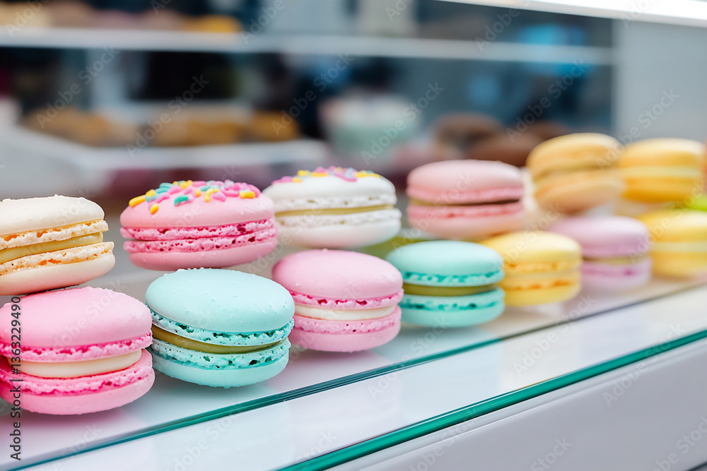 Fototapeta premium medium shot of a clean and modern bakery display case with several colorfu