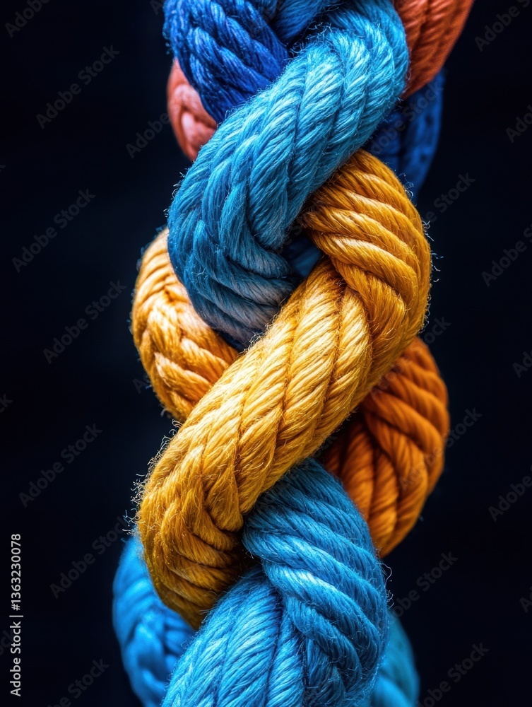 Colorful Twisted Rope on Dark Background Capturing Intertwined Strands in Blue Yellow and Orange Hues with High Detail and Texture Colorful Twisted Rope on Dark Background Capturing Intertwined Strands in Blue Yellow and Orange Hues with High Detail and Texture
