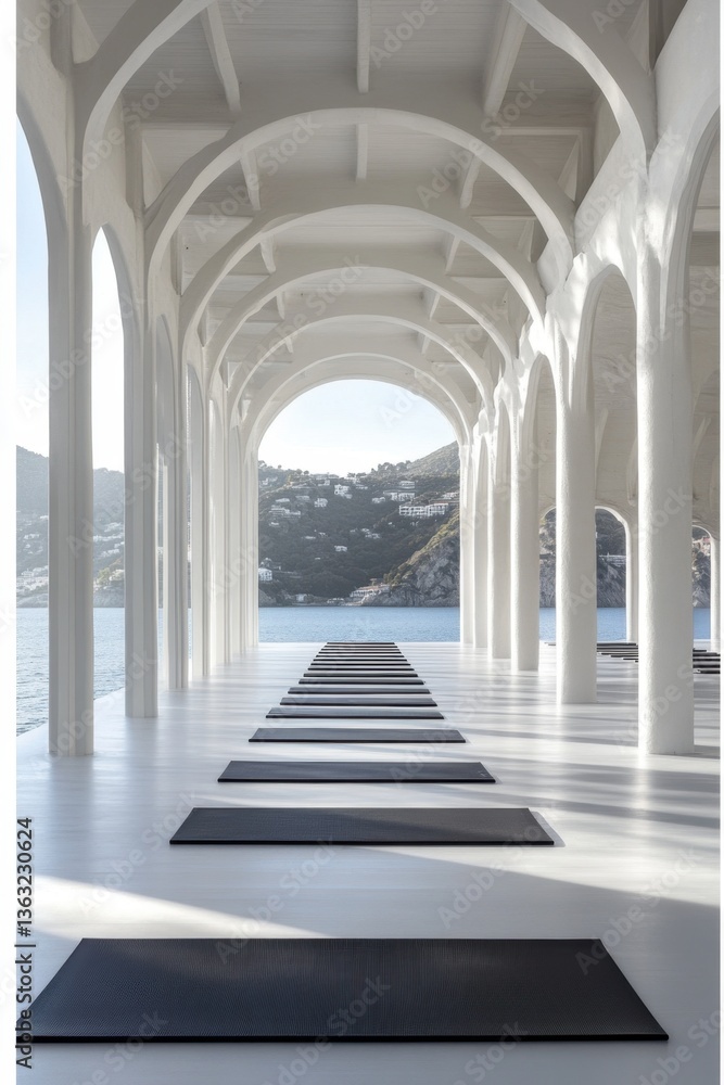 Serene yoga studio overlooking the ocean with white columns and arches creating a peaceful atmosphere for wellness and meditation retreat Serene yoga studio overlooking the ocean with white columns and arches creating a peaceful atmosphere for wellness and meditation retreat