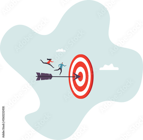 Teamwork aiming for target, goal or achievement, focus on goal, objective or purpose, company direction or collaboration partner .character for design.