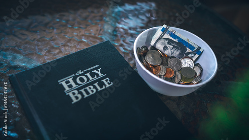 Quadro su tela Coins with Holy Bible, a closeup, Christian biblical concept of tithing, Biblica