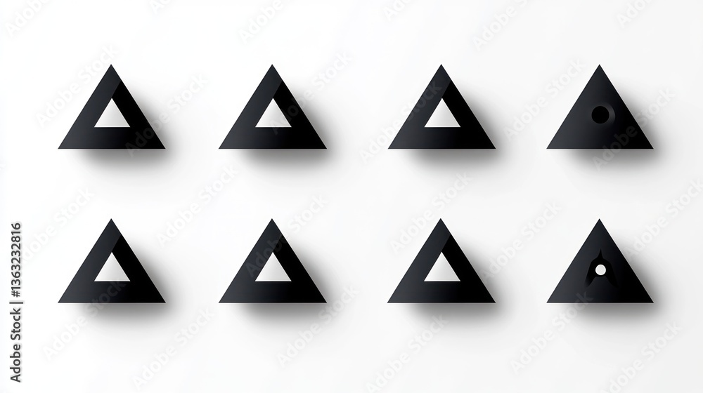 Eight black triangles on white with two with circle shapes for design or display Eight black triangles on white with two with circle shapes for design or display