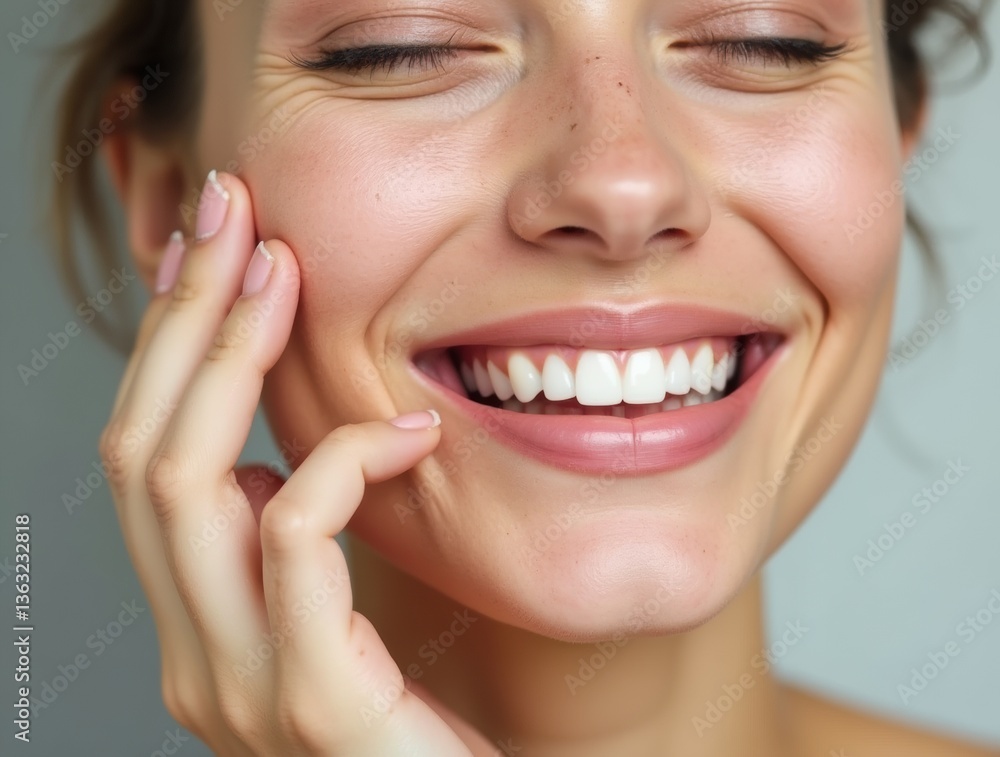 Close-up portrait of young beautiful smiling female touching cheeks with fingers as if applying skincare cream Close-up portrait of young beautiful smiling female touching cheeks with fingers as if applying skincare cream