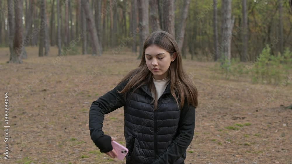 Girl enjoys jogging in the forest and receives a phone call with happy information. A girl jogs through a peaceful forest, feels happiness as she receives a phone call with excellent news Girl enjoys jogging in the forest and receives a phone call with happy information. A girl jogs through a peaceful forest, feels happiness as she receives a phone call with excellent news