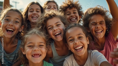 A close-up shot of a diverse group of kids, each with different facial expressions, under natural sunlight. Warm tones and a sense of joyful unity and togetherness.