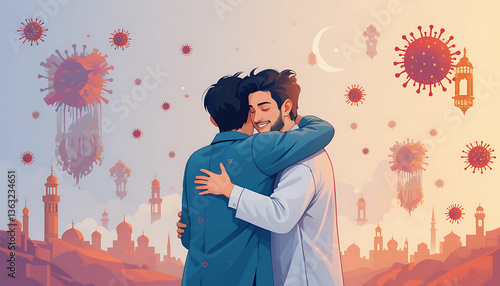 Two men embracing with mosque buildings and coronavirus particles in the background illustration