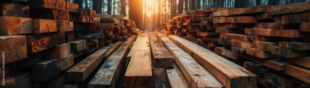 Sunlit Forest Clearing with Stacked Timber and Wooden Beams Sunlit Forest Clearing with Stacked Timber and Wooden Beams