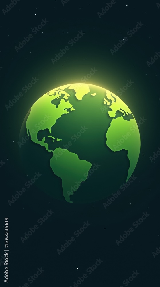 Fototapeta premium Minimalistic illustration of a green planet, clean lines and simple shapes, surrounded by soft glowing light in a dark space background, focus on environmental sustainability and ecological balance