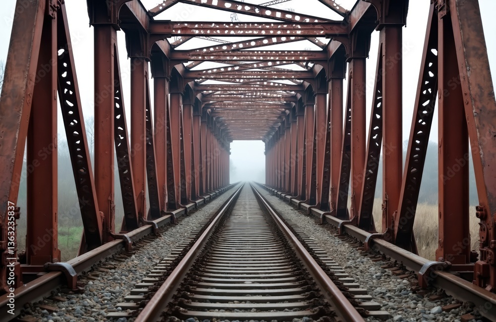 Railway bridge symmetrical perspective. Old rusty metal construction over rail track. Foggy atmosphere. Transportation infrastructure. Architectural landmark urban landscape. Journey forward to light. Railway bridge symmetrical perspective. Old rusty metal construction over rail track. Foggy atmosphere. Transportation infrastructure. Architectural landmark urban landscape. Journey forward to light.