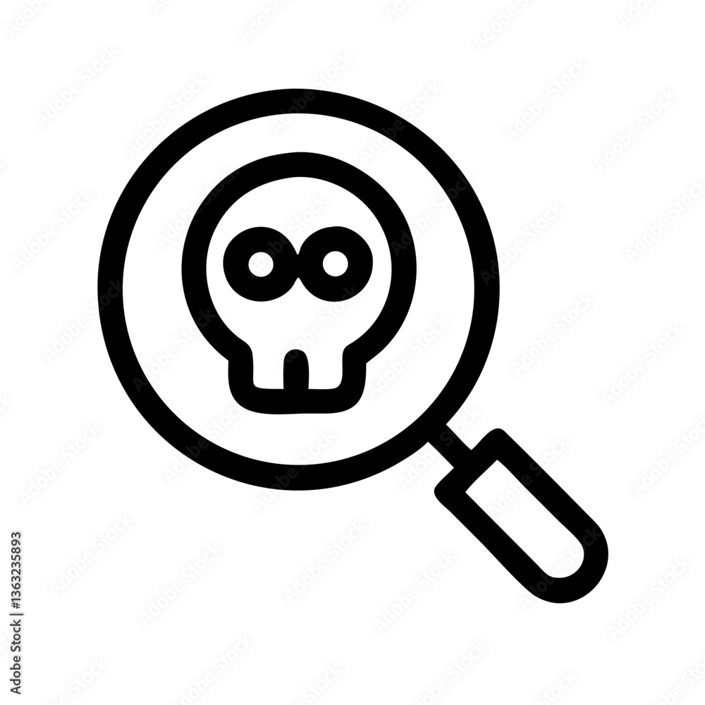 Threat detection icon magnifying glass skull outline on transparent background Threat detection icon magnifying glass skull outline on transparent background