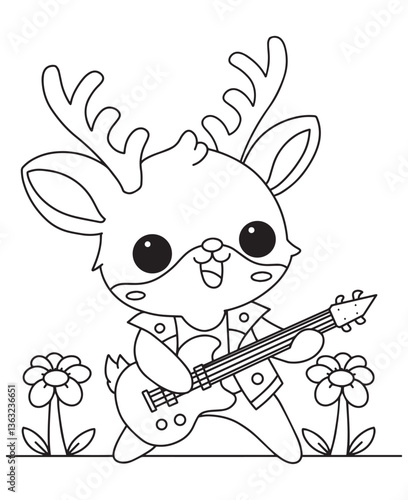 Coloring book deer rockstar playing an electric guitar, wearing a studded vest, between flowers