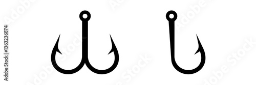 Black fishing hooks with distinct single and double hooks designs. simple and iconic angling tools.