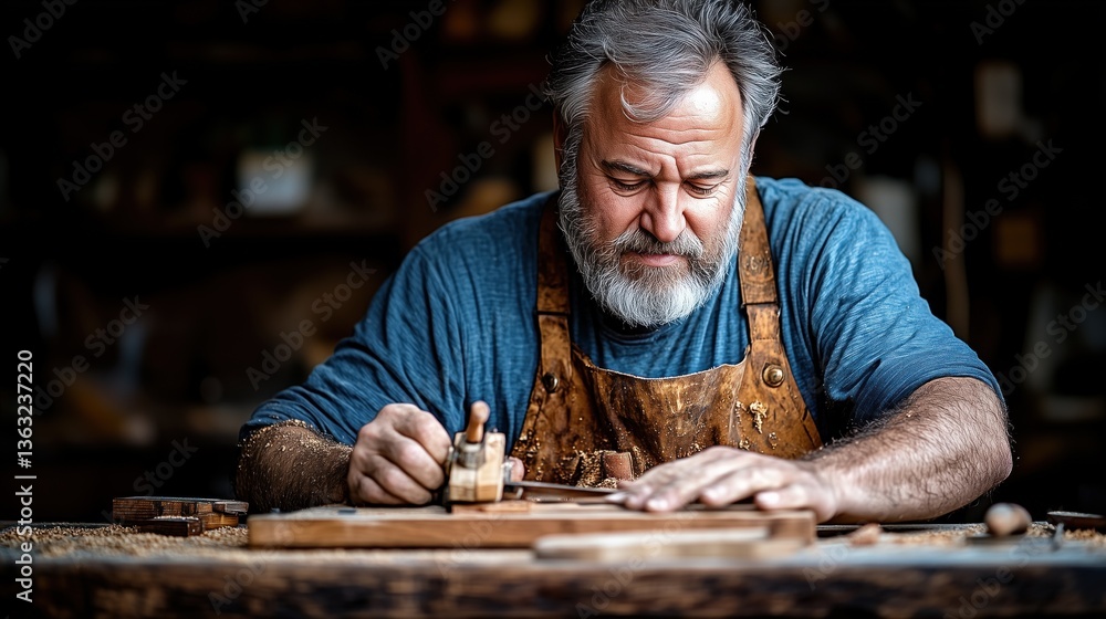 skilled craftsman engaged in woodworking showcases his technique in a rustic workshop. Surrounded by tools and wood shavings, he concentrates on creating precise details in his project