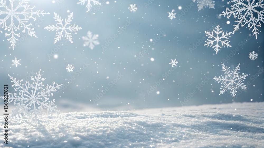 Frosty Winter Scene with Snowfall and Delicate Snowflakes Frosty Winter Scene with Snowfall and Delicate Snowflakes