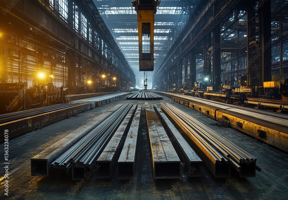Fototapeta premium Industrial warehouse interior with stacked steel materials , natural light from skylights and side windows