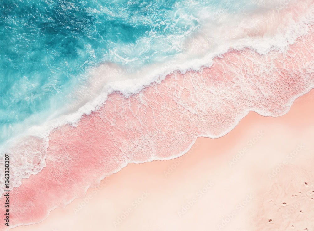 Obraz premium Aerial View of Pink Sand Beach with Turquoise Ocean Water Crashing