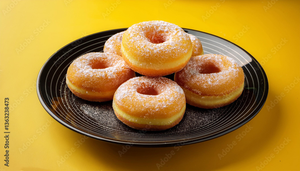 Golden-brown doughnuts, generously dusted with powdered sugar, arranged on a black plate against a vibrant yellow background. Golden-brown doughnuts, generously dusted with powdered sugar, arranged on a black plate against a vibrant yellow background.