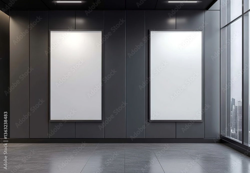 Obraz premium Modern elevator lobby with dark gray walls, marble floor, two blank advertisement boards
