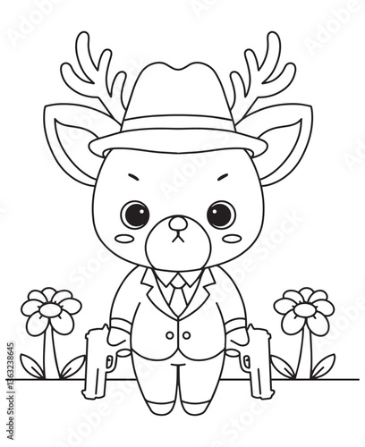 Coloring book deer gangster with a hat and guns, standing between flowers