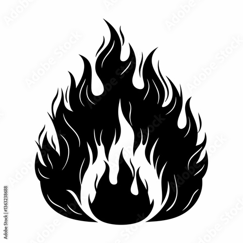Fire flame silhouette vector, black isolated burning heat icon