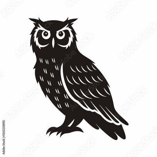 Owl silhouette vector illustration of a nocturnal bird perched isolated on a white background