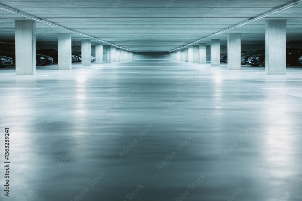Obraz premium dimly lit underground parking garage with few cars sparsely occupying spaces leaving ample copy space