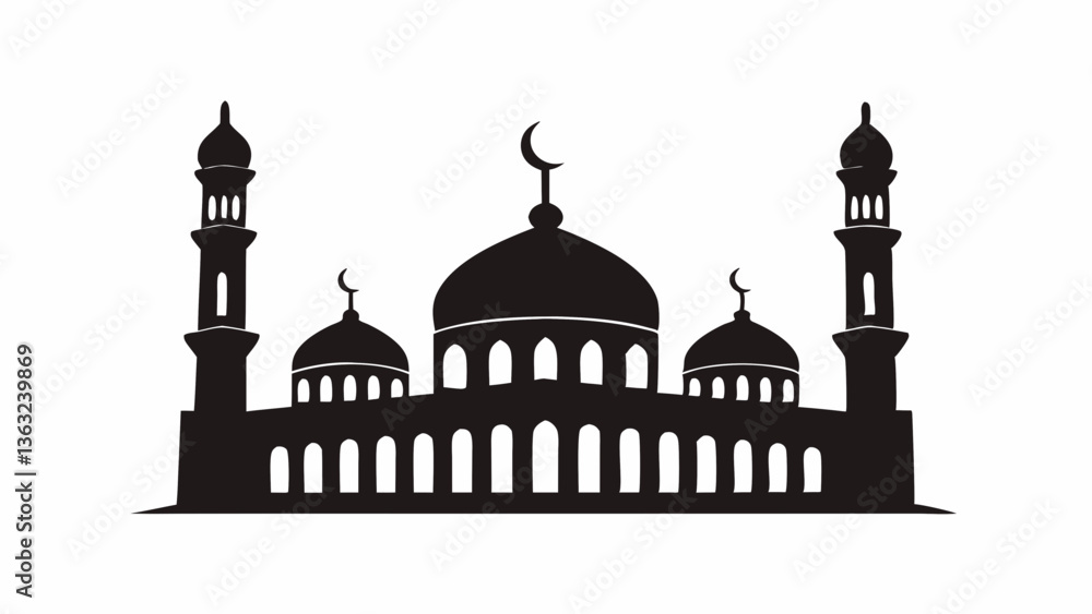 Mosque with minarets silhouette vector, Islamic architecture black religious icon Mosque with minarets silhouette vector, Islamic architecture black religious icon