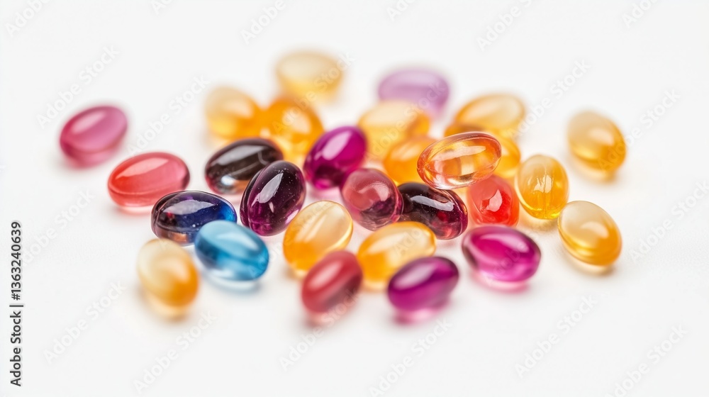Gummy vitamins, multivitamin gels in various colors and sizes on white background. Gummy vitamins, multivitamin gels in various colors and sizes on white background.
