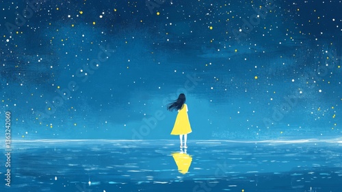  a girl walking on the sea surface surrounded by stars