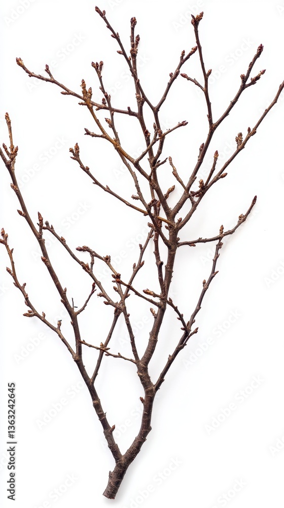 Fototapeta premium Serene still life of bare tree branch with budding sprouts against a clean white backdrop showcasing nature's awakening in minimalist style