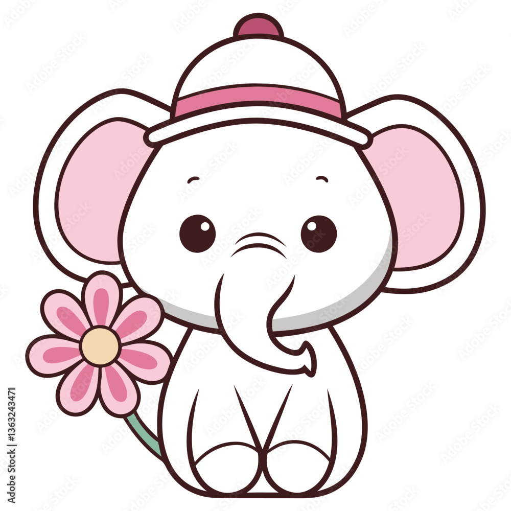 Fototapeta premium Cartoonish Elephant with Pink Flower and Hat, Outline on Isolated