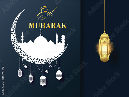 3d modern Islamic holiday banner in purple monotone design. Display podium with Ramadan lantern, metal moon and mosque portal. Calligraphy: Eid Mubarak