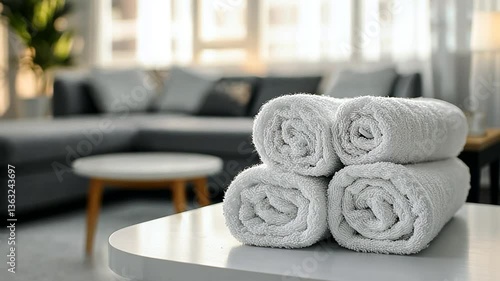 Relaxing Setup With Rolled White Towels on a Bright Living Room Table Generative AI
