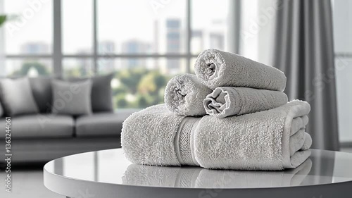 White Towels Neatly Rolled on Table in Modern Living Room Setting Generative AI