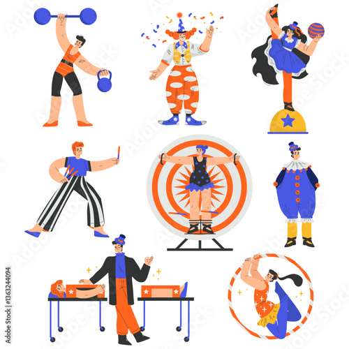 Circus Artist and Actor Man and Woman Character Performing on Stage Vector Set