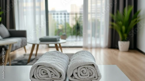 Rolled White Towels on a Table in a Bright Modern Living Room Generative AI